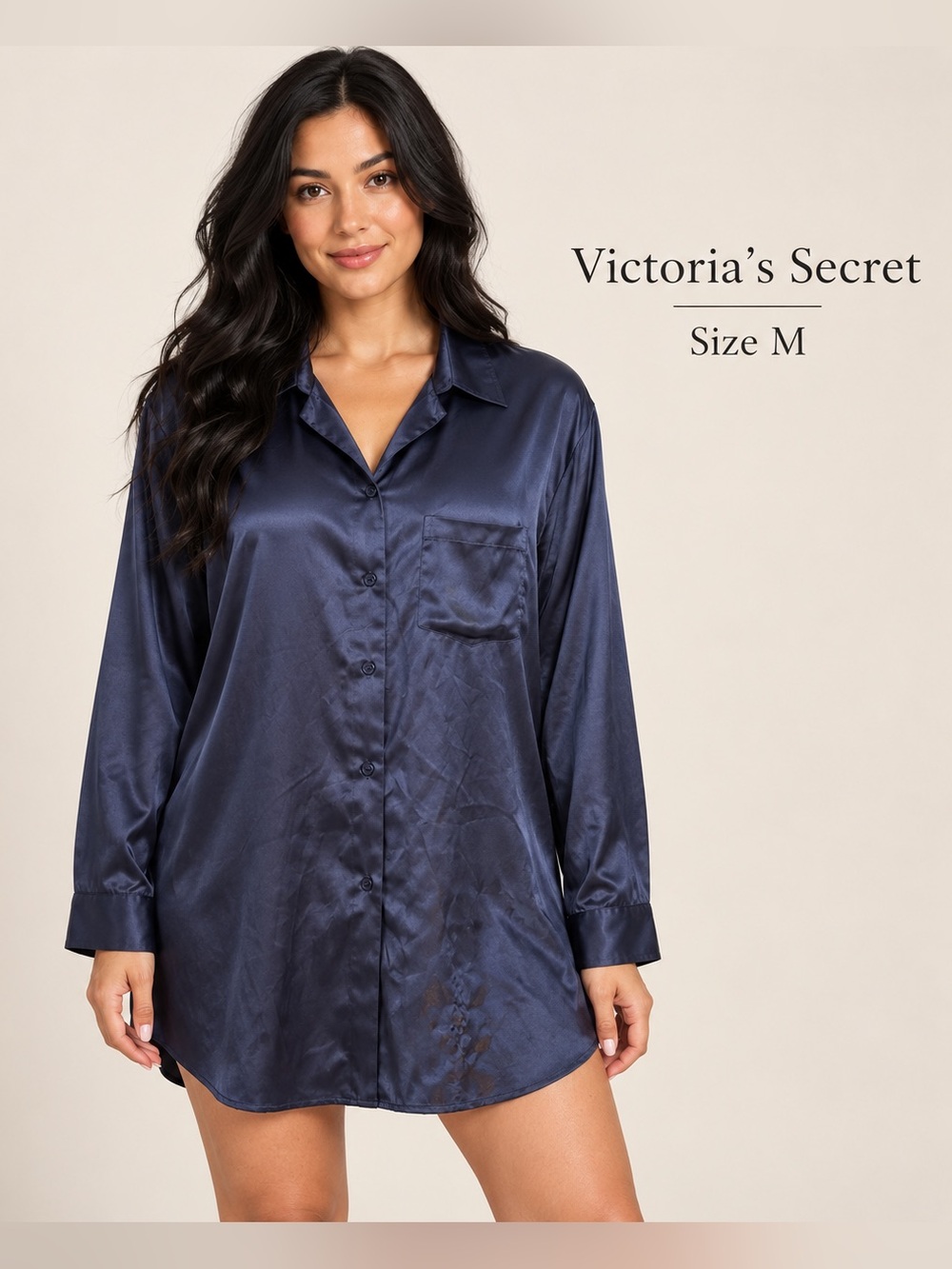 Victoria’s Secret Gold Label Navy Satin Button-Down Sleep Shirt M NWT